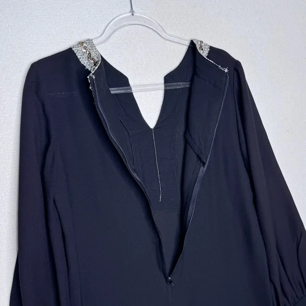 Vintage Black Silver Metallic Sequin Neck Shift A-Line Dress Cocktail M